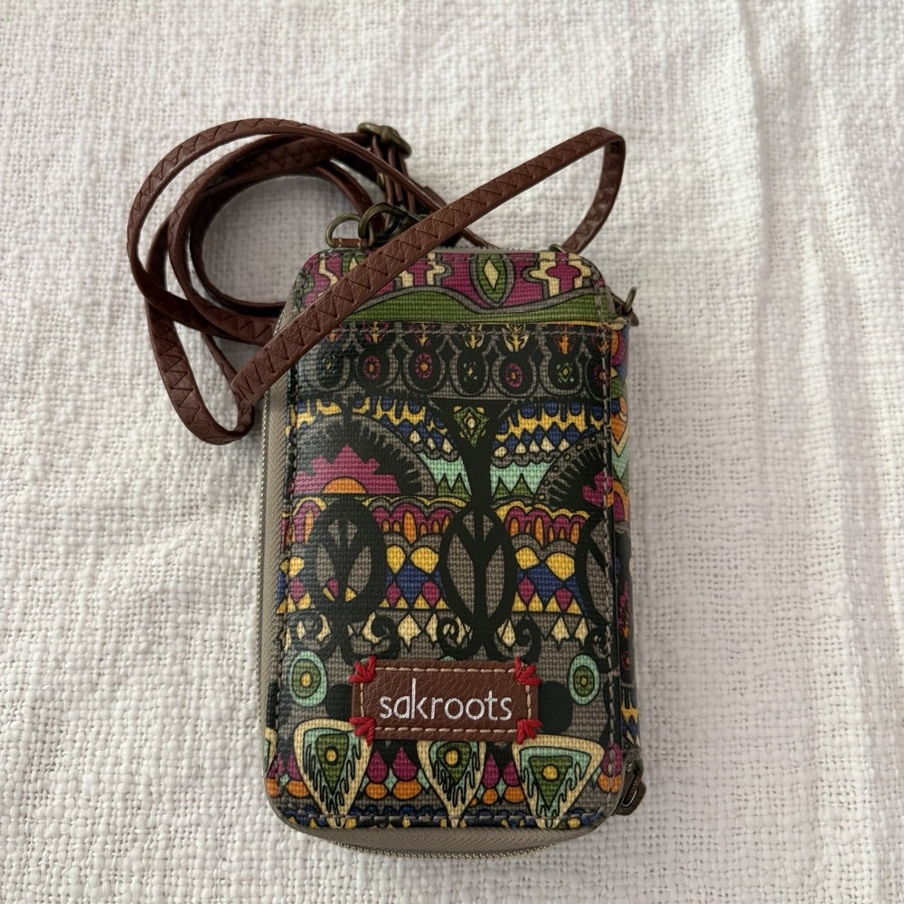 Sakroots One World Peace Floral‎ Coated Canvas Crossbody Wallet Phone Bag EUC